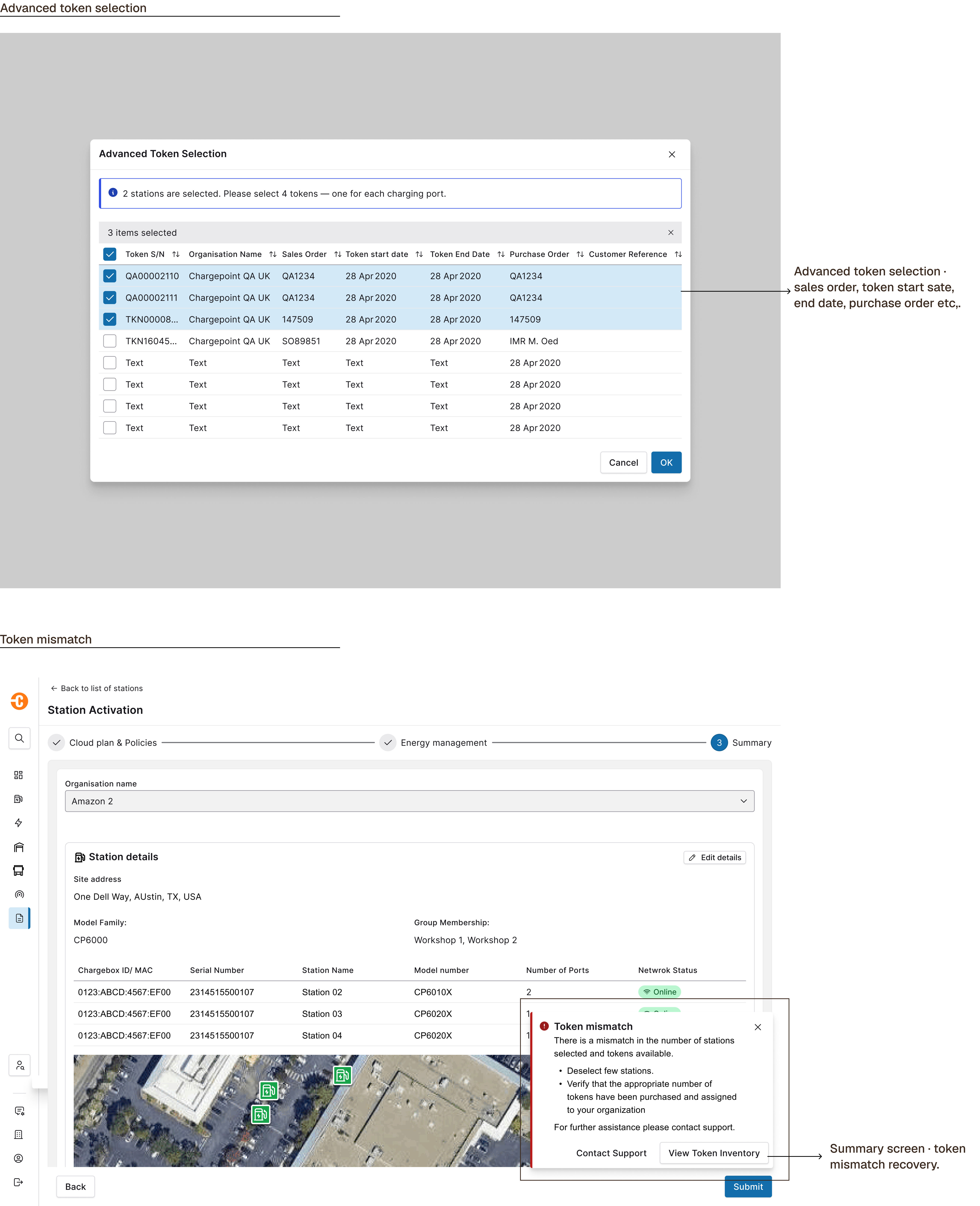 Advanced Token Selection with sales-order and date detail, and the token-mismatch recovery dialog that turns a dead end into a fixable state.