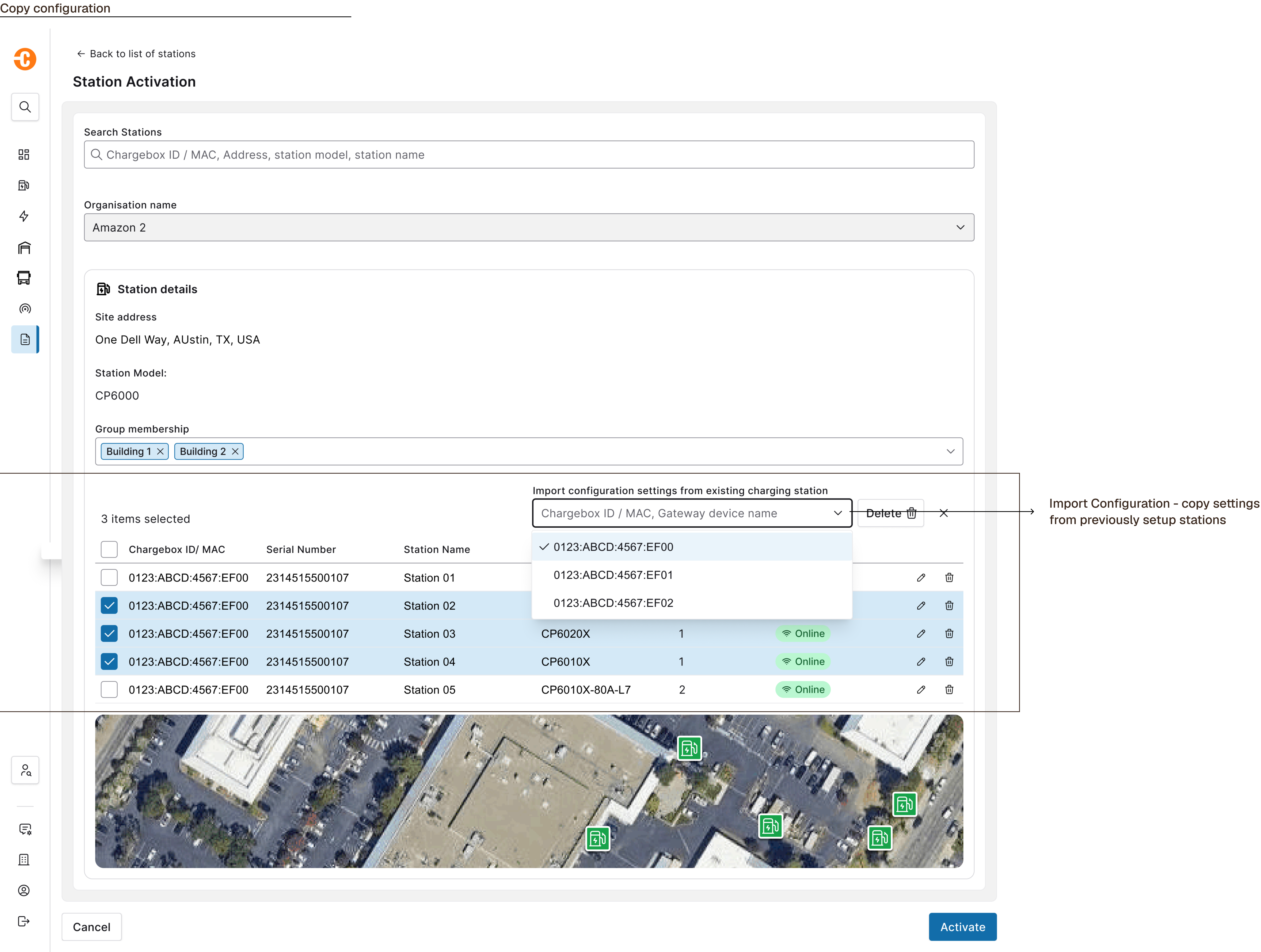 Copy / Import Configuration reuses an activated station’s plan, policy, and group settings.
