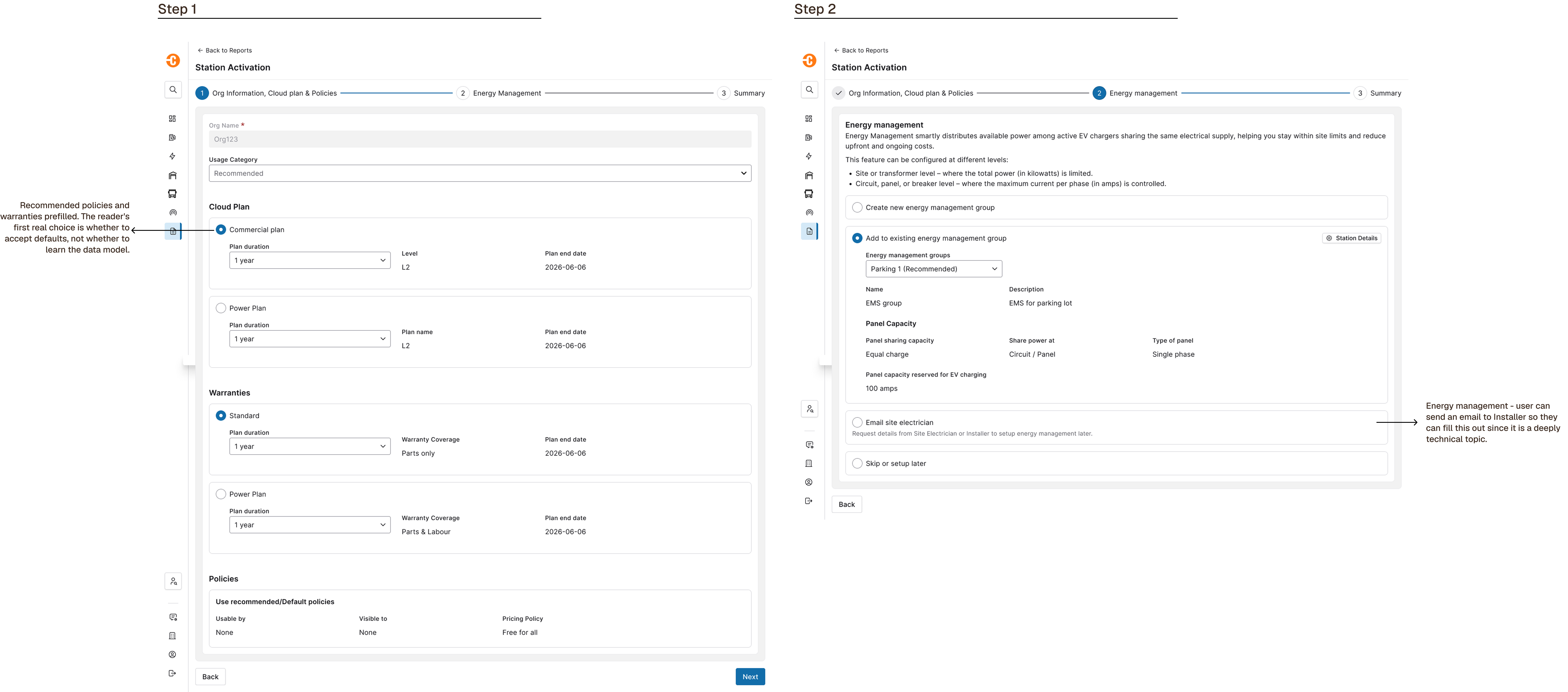 The three-step wizard (Org & Plan, then Energy Management) with recommended defaults prefilled.