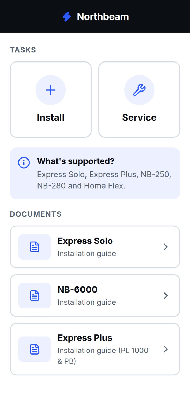 Northbeam home screen with Install and Service task tiles, a supported-hardware note, and a list of installation guides.